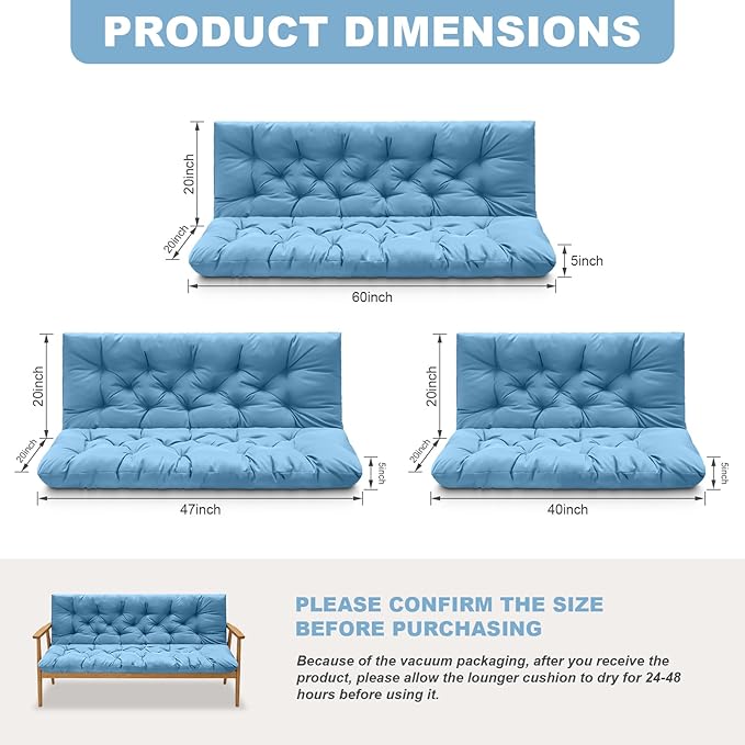 Porch Swing Cushions,Outdoor Cushions 3 Seater Replacement with Backrest, Waterproof Thickened Bench Cushion with Ties for Porch, Patio,Outdoor, Backyard and Garden (Sky Blue 40 * 40 in)