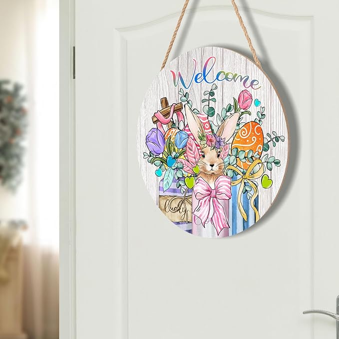 Welcome Easter Bunny Eggs Door Sign For Front Door Decor,Mason Jar Tulip Religious Cross Rabbit Carrot Wooden Sign 12"x 12" Round Easter Hanging Door Sign Decoration for Wall Rustic Decor