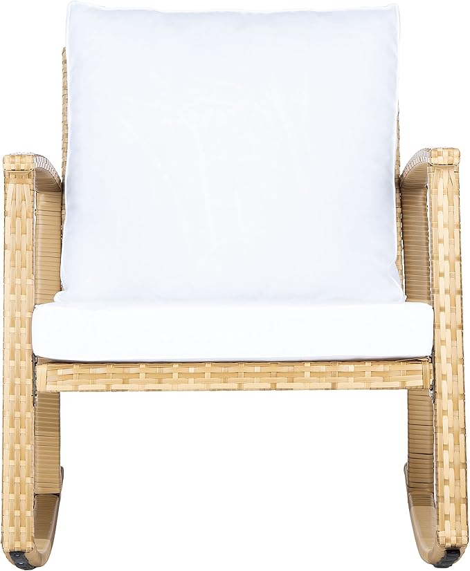 SAFAVIEH Outdoor Collection Daire Woven Natural/White Cushion Rocking Chair for Patio Porch Backyard Sunroom