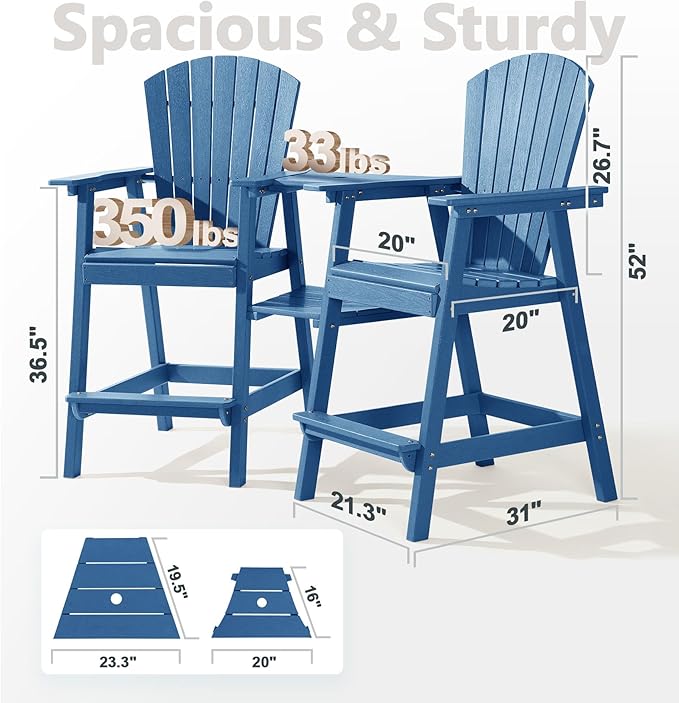 PASAMIC Tall Adirondack Chair Set of 4, All-Weather HDPE Outdoor Chairs with Removable Double Trays, Bar Height Adirondack Chairs for Balcony, Deck, Patio, Backyard, Blue