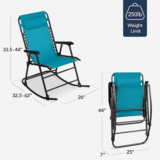 Best Choice Products Outdoor Folding Rocking Chair, Zero Gravity Lounge Chair, Patio Rocker w/Headrest Pillow - Peacock Blue