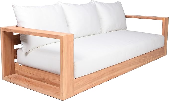Meridian Furniture 353White-S Tulum Collection Modern | Contemporary Water Resisting Fabric Outdoor Sofa with Solid Teak Wood Frame, Off White Resilient Fabric, 87" W x 33.5" D x 22.5" H, White