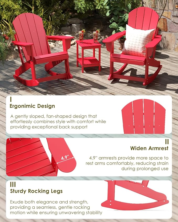 GREENVINES Adirondack Rocking Chair | HDPE Plastic | Porch Rocker | Chair for Outdoor Patio Deck | All Weather | Red