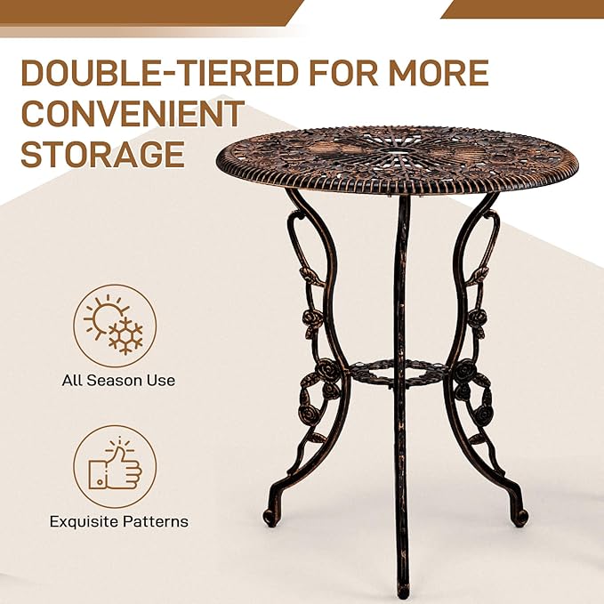 VINGLI 3 PCS Outdoor Bistro Set, Outdoor Patio Set, All-Weather Cast Aluminum Bistro Table Set, Bistro Table and Chairs Set of 2 for Backyard, Garden, Balcony (Bronze, Rose)
