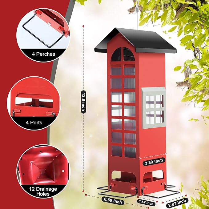 Bird Feeders Squirrel Proof for Outdoor Hanging, Weight Activated Metal Wild Bird Feeders, Spring Cardinal Tube Birdhouse Finch Seed Feeder with 4 Feeding Ports, 2.5LB Capacity