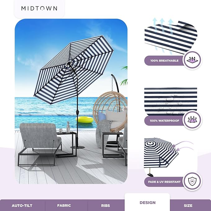 Midtown Umbrellas - 10-Year-No-Fade 9 Ft Patio Umbrella with Terylast Fabric, Auto-Tilt Aluminum Frame and 8 Reinforced Ribs for Deck, Pool, Garden & Beach - Navy Stripes Canopy, Black Pole