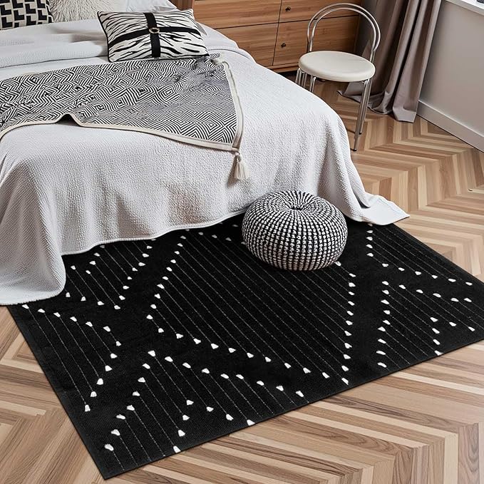LIVEBOX Boho 4x6 Washable Rug for Bedroom,Black and White Living Room Rugs, Moroccan Cotton Woven Indoor Carpet,Large Throw Area Rug for Entryway Dining Room Porch
