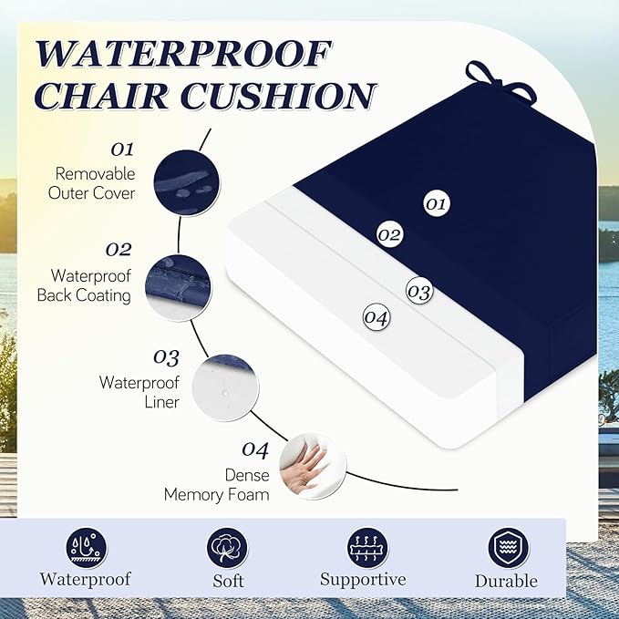 Waterproof Outdoor Chair Cushions Set of 2, Square Outdoor Seat Cushions with Ties and Removable Covers, 22 x 22 Outdoor Cushions for Patio Furniture with Portable Handle(Navy)