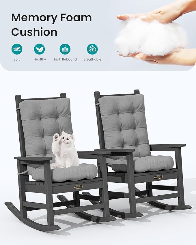 SERWALL HDPE Outdoor Rocking Cushion Set of 4, Memory Foam Cushion Dark Gray