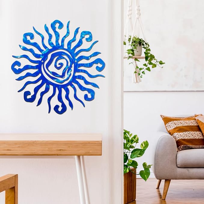 Moxweyeni 12 Inch Sun Metal Wall Art Outdoor Decor Wacky Large Sun Metal Art Wall Decor Pool Decorations for Home Bedroom Living Room Office Garden(Blue)
