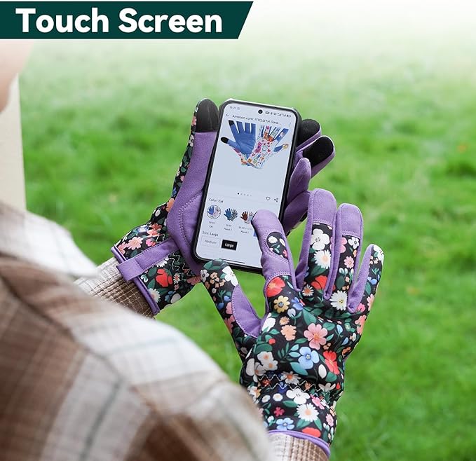 Gardening Gloves for Women, Printed Touchscreen Garden Gloves with Grip, Thorn-Proof Puncture-Resistant Work Gloves