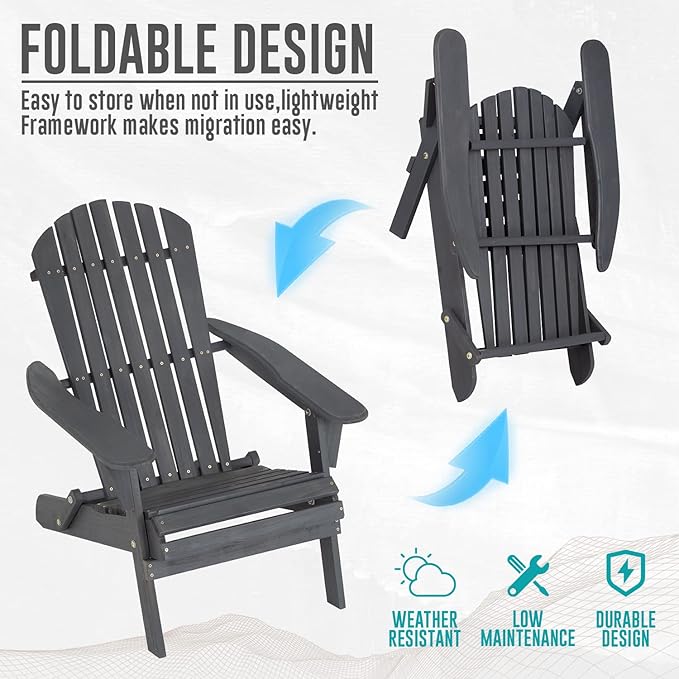 FDW Folding Adirondack Chair, All Weather Patio Chair Outdoor Fire Pit Chair for Patio Lawn Garden Backyard Deck Pool Beach