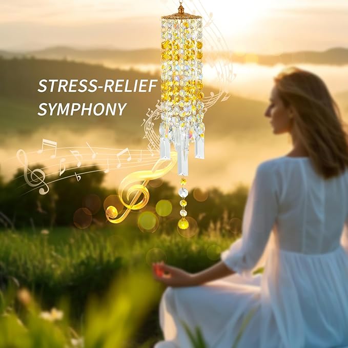 Crystal Wind Chimes for Outside with Rainbow Light Reflections Glass Bells and Rose Gold Alloy Hooks Indoor Outdoor Decor for Home Garden Patio Porch Birthday House Warming (Yellow)