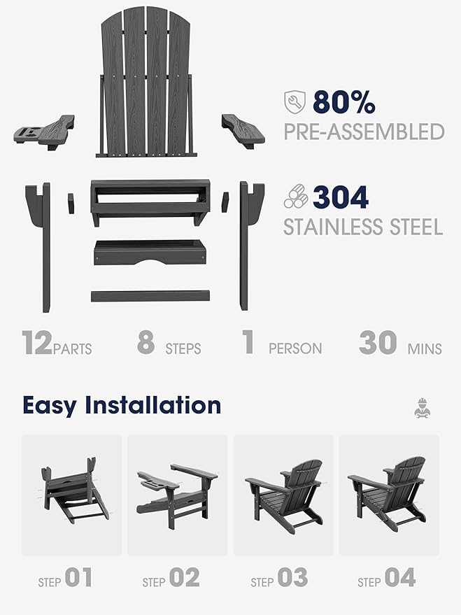 KINGYES Adjustable Folding Adirondack Chair with Footrest & 4-in-1 Multi-Functional Armrest Organizer, HDPE Recliner Adirondack Chair with Pull-Out Ottoman, Gray