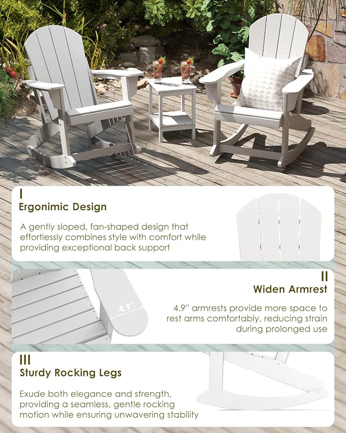 GREENVINES Adirondack Rocking Chair | HDPE Plastic | Porch Rocker | Chair for Outdoor Patio Deck | All Weather | White