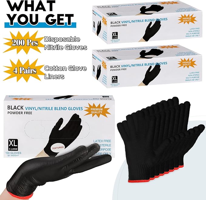 Janmercy 200 Pcs Disposable BBQ Nitrile Gloves with 4 Pairs Cotton Liners Grilling Cooking Cleaning Gloves for Smoker Meat(X-Large,Black)