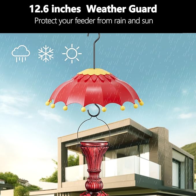 Baffle for Bird Feeder Cover Dome Rain with 3 Hooks, Suitable for Hummingbird Feeders and Wild Bird Feeders,Built-in Ant Moat,Protective Cover for Hanging Bird Feeders,14 inches, Purple (Red)