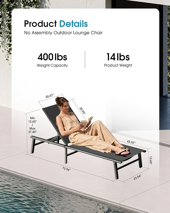 Ciokea Foldable Outdoor Lounge Chair, No Assembly Patio Chaise Lounge Outdoor with 5-Positions, Aluminum Pool Lounge Chair with Portable Design for Pool, Beach, Deck, Backyard, Grey
