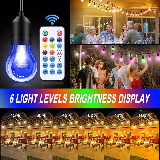 96FT Solar Outdoor String Lights, 30 Shatterproof Edison Bulbs, Dimmable Color Changing RGB LED Patio Lights with 2 Remote Controllers. Perfect for Backyard Decorative Lighting