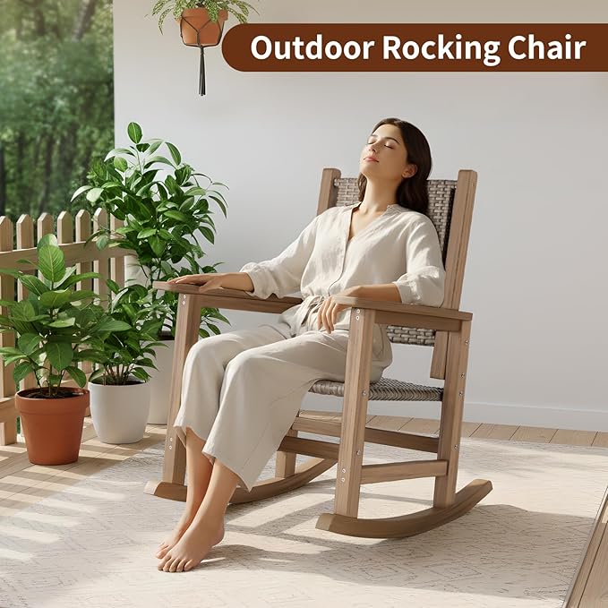 Rocking Chair Outdoor 1 PCS, Wicker Rocking Chair for Outside, Woven Seat & Back, All Weather Ratten Outdoor for Porch, Garden, Lawn, and Balcony (Brown)