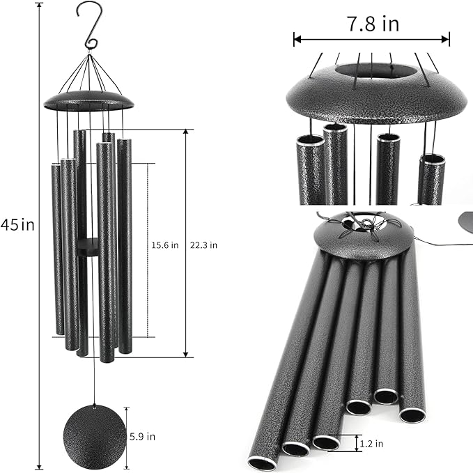 ASTARIN Wind Chimes Outdoor Deep Tone,45-Inch Memorial Wind Chimes Large with 6 Heavy Tubes,Unique Windchimes Outdoor for Garden Hanging Decor,Sympathy Gifts,Black Grey