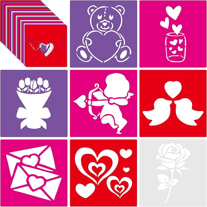 24 Pcs Valentine's Day Stencil Set 8 x 8 Inch Reusable Plastic Love Heart Drawing Painting Templates Valentine Stencils Painting on Wood Paper Cards Scrapbook DIY Rock Furniture Art Crafts