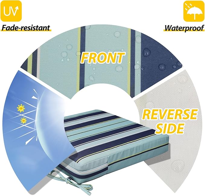 AAAAAcessories Outdoor Seat Cushions for Chairs, Waterproof, Fade-Resistant, 20" x 18" x 3", Patio Furniture Replacement Cushions, Set of 2, Stormy Teal Coastal Stripe
