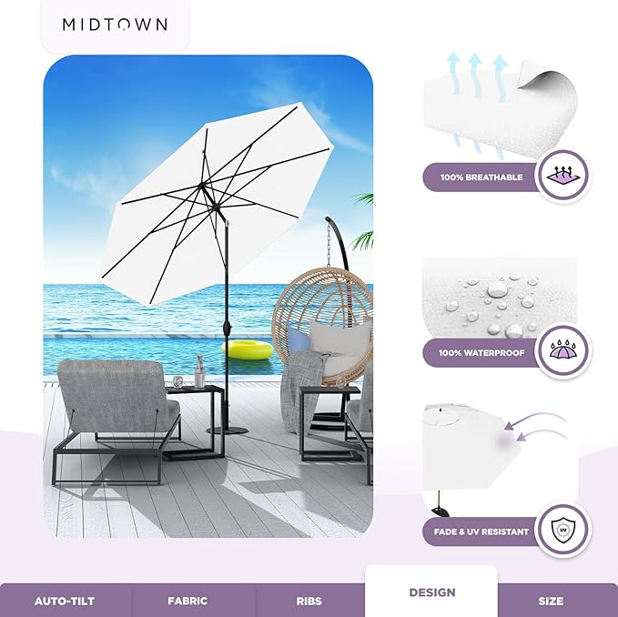 Midtown Umbrellas - 10-Year-No-Fade 6 Ft Patio Umbrella with Terylast Fabric, Auto-Tilt Aluminum Frame and 8 Reinforced Ribs for Deck, Pool, Garden & Beach - Ivory White Canopy, Black Pole