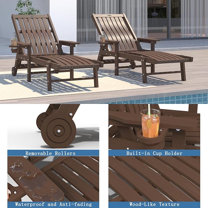 Patio Chaise Lounge Chair, Oversized Lounge Chair Outdoor with 5 Positions, HDPE, Patio Lounge Chair with Wheels & Cup Holder for Pool, Deck, Poolside,Brown