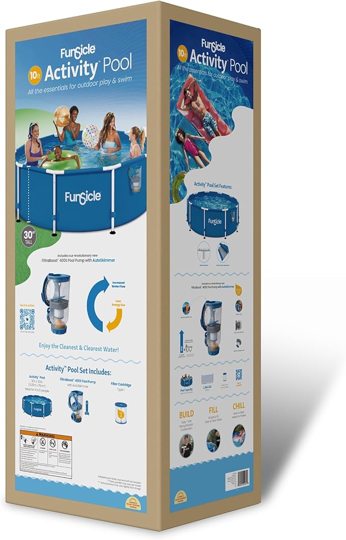 Funsicle Activity 10' x 30" Round Above Ground Swimming Pool, Includes FiltraBoost 400 GPH Filter Pump with AutoSkimmer, Type I Filter Cartridge & Repair Patch