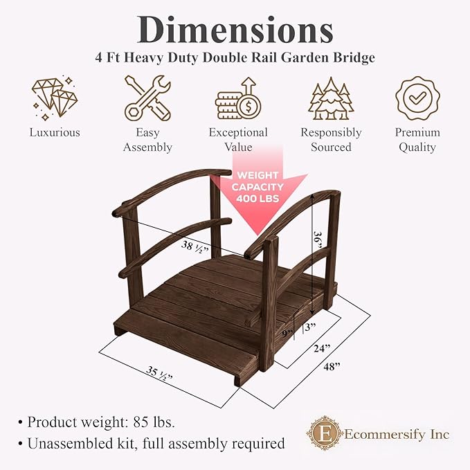4 FT Oak Amish Made Garden Bridge with Double Rails for Walkway, Backyard Pond & Landscaping, Outdoor Wooden Footbridge for Koi Pond, Japanese Style Decorative Bridge, Made in USA