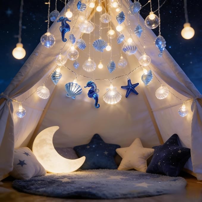 Ocean Decor String Lights Nautical Theme Seashell Seahorse Conch 6.5 ft 20 LED Battery Operated String Lights for Holiday Camping Wedding Christmas Tree Decor (Shell Stars, 6.5FT)