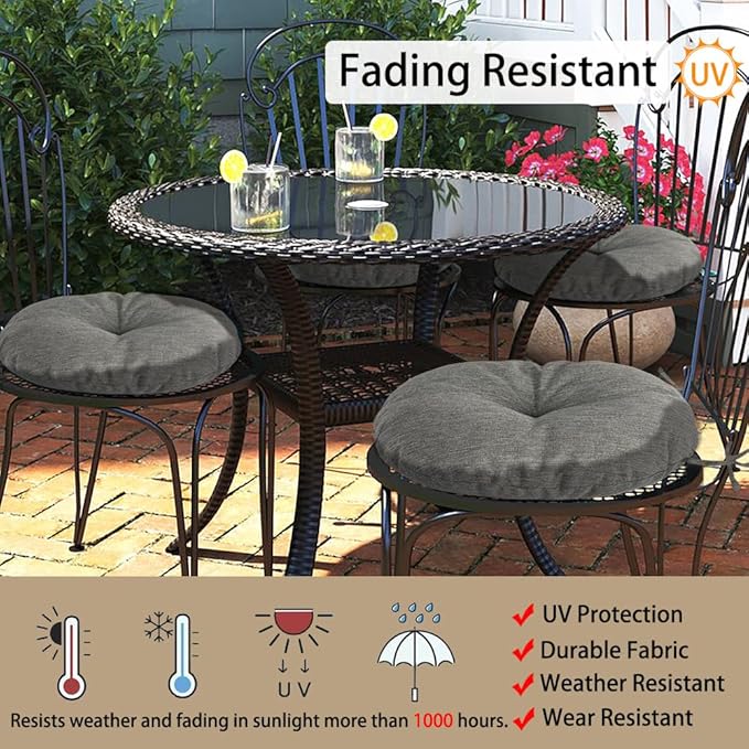 Magpie Fabrics Outdoor 15"x15"x4" Round Bistro Seat Cushions with Ties Set of 2, Tufted Waterproof Patio Floor Chair Pads for Home Garden Balcony Kitchen Office Porch, Heather Grey