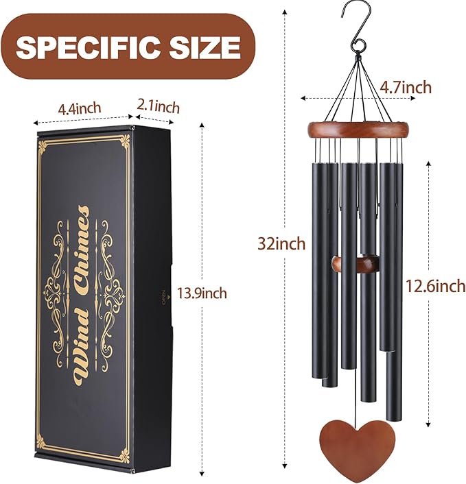 Large Black Memorial Wind Chimes – Sympathy Gift for Mom – Outdoor Aluminum Wind Chimes for Garden, Patio, Lawn, or Home Décor