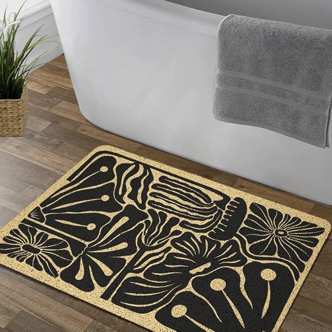 Boho Beige and Black Floral Door Mat - Bohemian Neutral Floral Front Door Welcome Mats Outdoor Entrance, 17x30 Rug