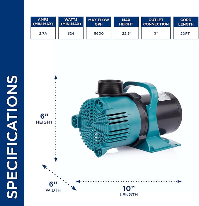 Alpine Corporation 5600 GPH Vortex Submersible Water Pump 20 Ft Cord for Ponds, Fountains and Water Circulations, Quiet Operation Vertical/Horizontal, 22.5 Ft Lift 324 Watts, Black/Teal