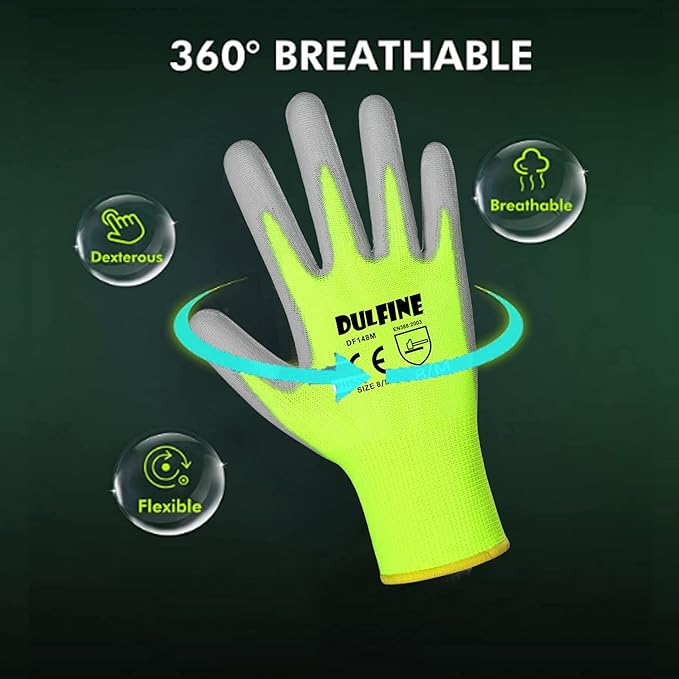 DULFINE Safety Work Gloves for Men PU Coated 12 Pairs Bulk Pack,Hi-Vis Yellow Seamless Knit Glove with thin Polyurethane Coated Smooth Grip on Palm & Fingers,Ideal for General Duty Work X-(Small)