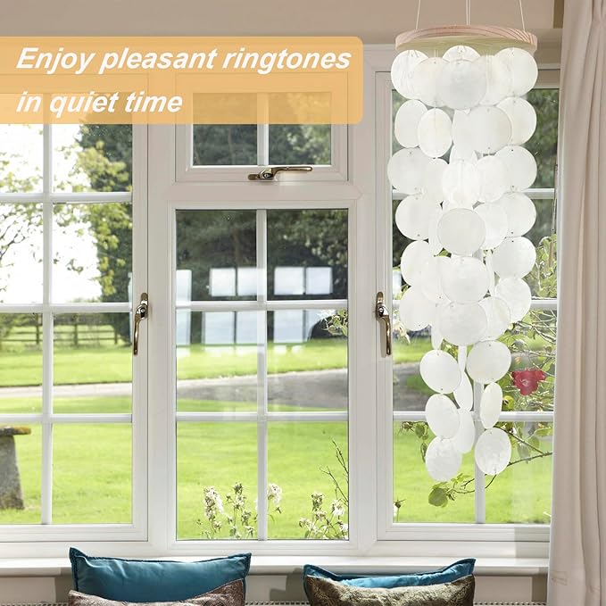 Wind Chimes for Outside - Handcrafted White Capiz Shells Windchime Coastal Style Decor for Indoor/Outdoors, Garden Decor, Great for Women, Wind Chimes Lovers and More