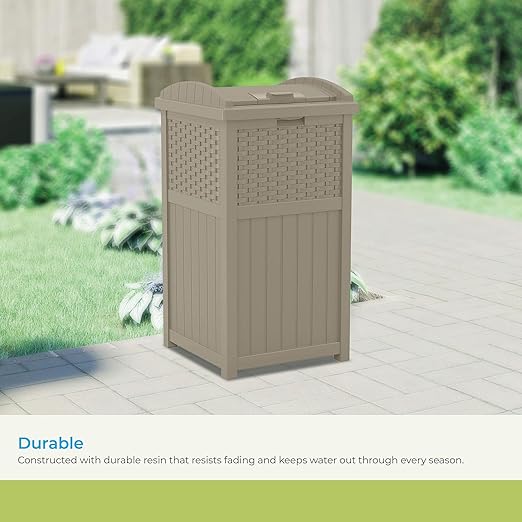 Suncast Hideaway Outdoor Trash Can with Lid - 30 Gallon Trash Can, Dark Taupe, Decorative Wicker-Style Garbage Bin, Weather-Resistant Resin, Fits 30-33 Gallon Bags, Ideal for Patio & Yard, Made in USA