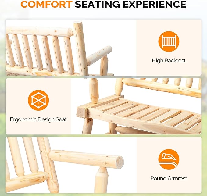VINGLI Fir Wood Double Rocking Chair for Porch & Garden - 550lb Capacity Weather-Resistant Outdoor Loveseat with High Backrest, Patio Rocker for Backyard, Deck, Natural