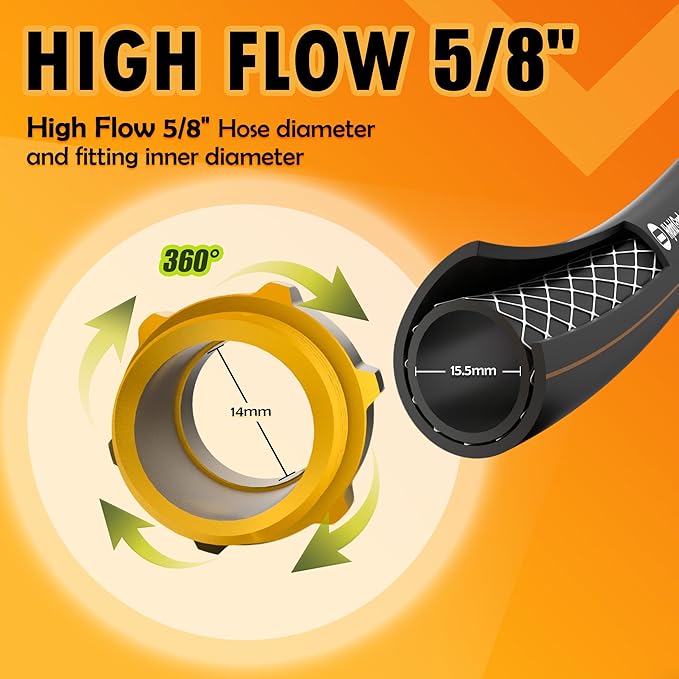 5/8 in. × 50 ft. High Flow Heavy Duty Garden Hose Flexible Hybrid Rubber Water Hose, No Memory Durable Premium Water Hose for Watering, Irrigation, Water Transfer Pump