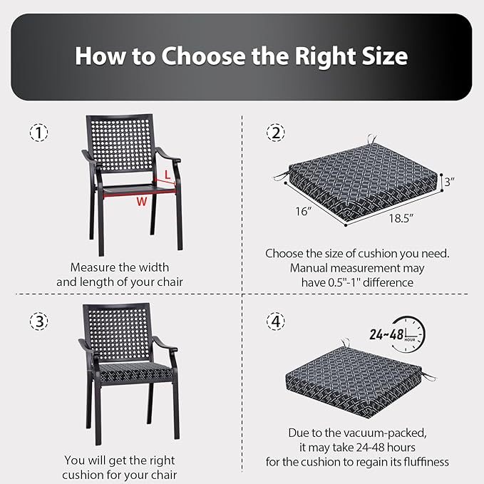Outdoor Chair Cushions Set of 4, 18.5 x 16 Inch Patio Chair Cushions for Outdoor Furniture, Water Resistant, Non-Slip Ties (Black Geometry)