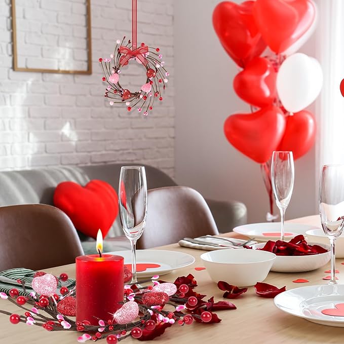 6 PCS Mini Valentine Wreaths for Cabinet Front Door Valentine Wreath Red Pink Glitter Heart and Berry Hanging Valentines Day Wreaths for Window Wedding Birthday Home Wall Porch Decoration