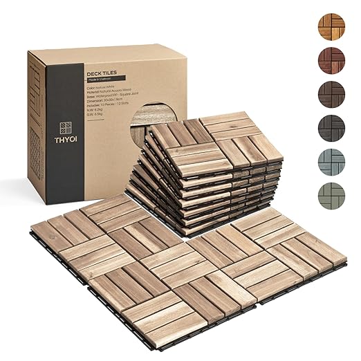 10 Pcs Deck Tiles, Patio Flooring - Outdoor Waterproof Acacia Wood Tiles for All Weather Use - Balcony, Backyard, Indoor & Outdoor (White Crossed Pattern, 10 Square Ft)