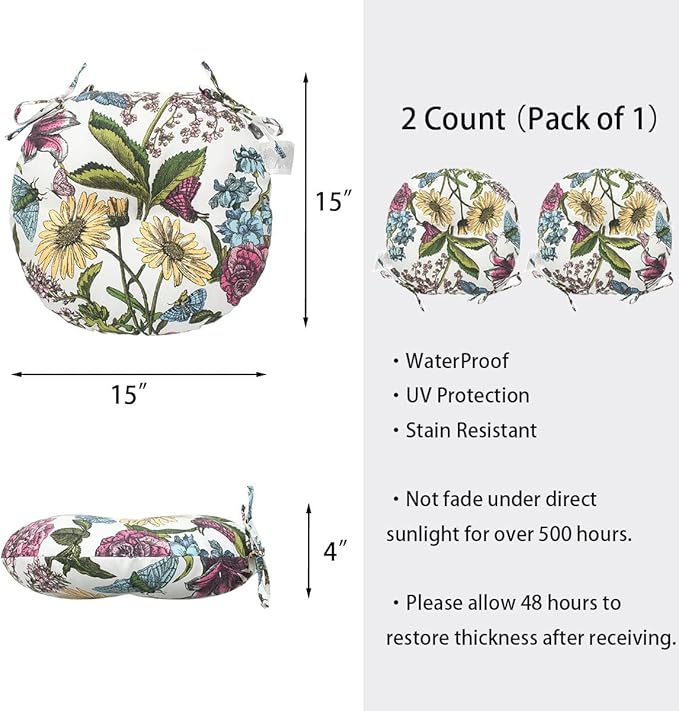 Bistro Chair Cushions 15 inch,Set of 2,Tufted Round Chair Cushions with Ties,15"x15"x4",Water Resistant Round Seat Cushion for Barstool Chairs,Patio Garden Kitchen Outdoor Furniture(Butterfly Flower)