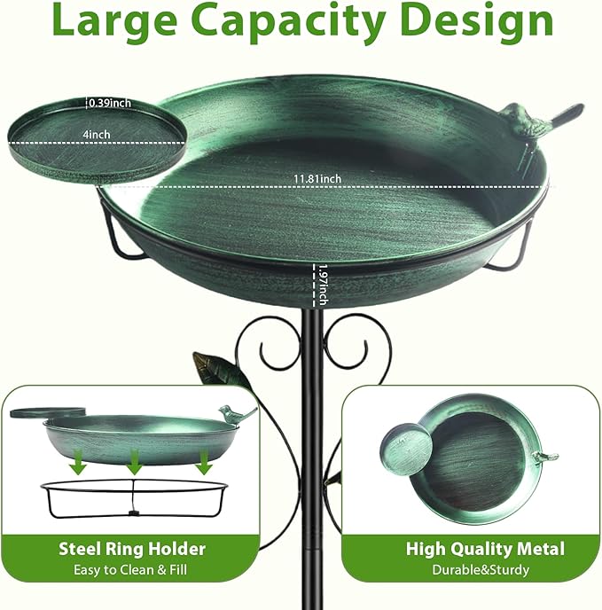 35" Tall Metal Bird Bath for Outdoors with Small Bird Feeder Bowl, 2" Deep 12" Dia Removable Bird Baths for Easy to Clean and Refill, Upgraded 7-Prong Base for Garden, Yard & Lawn (Green)