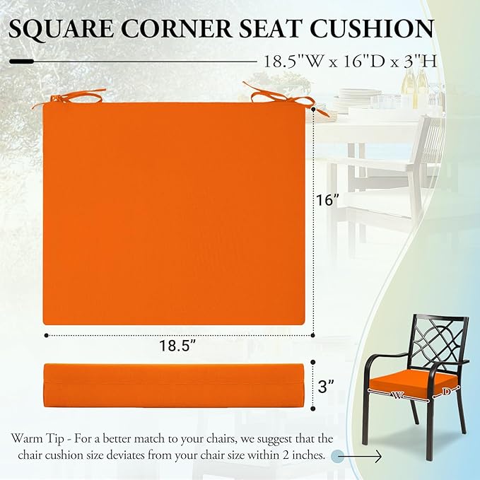 Wellsin Outdoor Chair Cushions for Patio Furniture - Outdoor Cushions for Chairs - Water Resistant Patio Chair Cushions Set of 4, 18.5"X16"X3", Orange