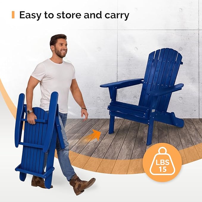 VINGLI Folding Adirondack Chairs Set of 1, Wood Adirondack Chair for Outdoor, Foldable Fire Pit Chairs for Patio, BBQ, Porch, Yard, Pool, Blue