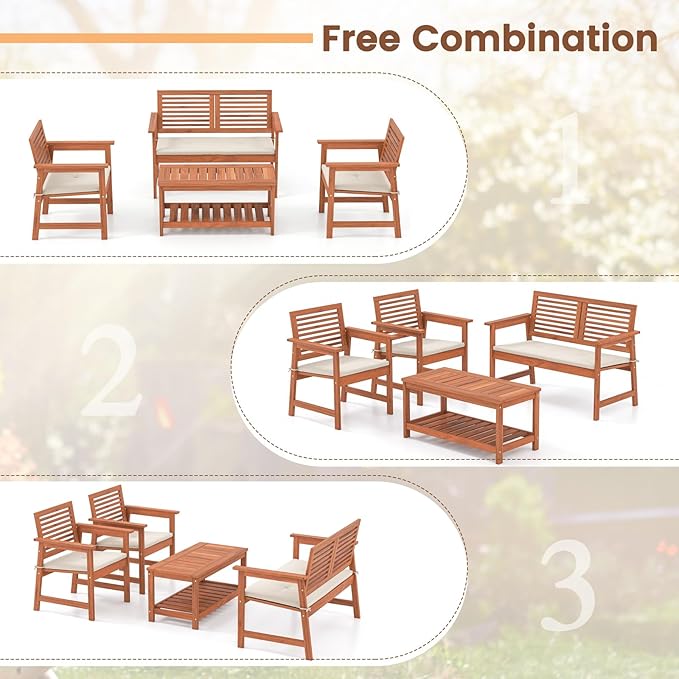 Tangkula 4 Piece Patio Conversation Set, Wood Sofa Set with Soft Seat Cushions, 2-Tier Rectangle Coffee Table, Outdoor Solid Wood Furniture Set for Poolside, Yard, Porch