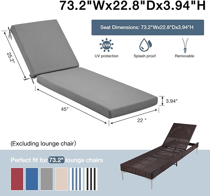 HOMREST 73.2x22.8x3.94 inches Lounge Chair Cushion Set of 2,Outdoor Chaise Lounge Cushion with Splash Fade Tear Resistant Fabric,Grey